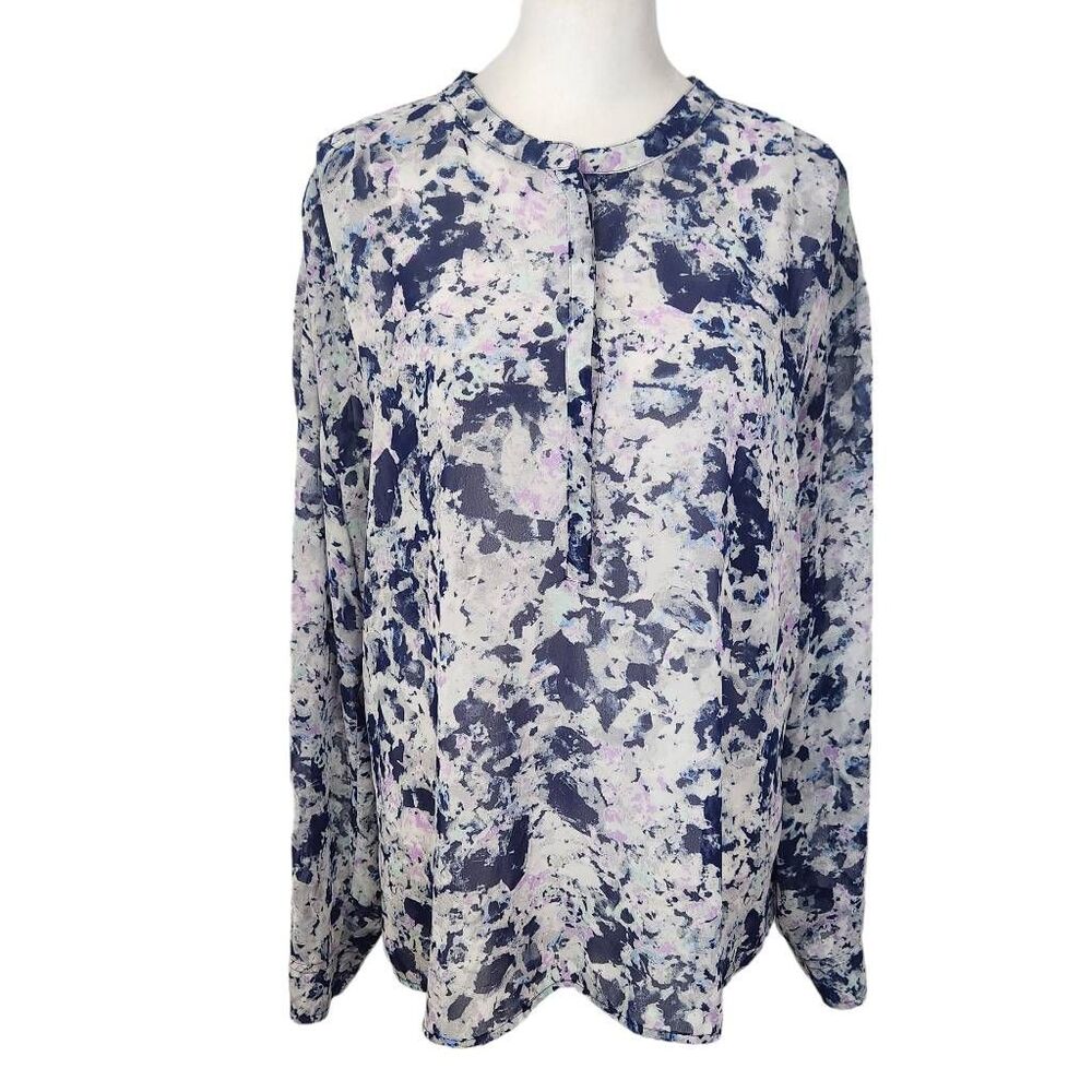 a.n.a Navy and Purple Abstract Sheer Blouse Size XL Petite
